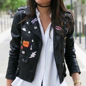 Zara black faux leather jacket patches pin
